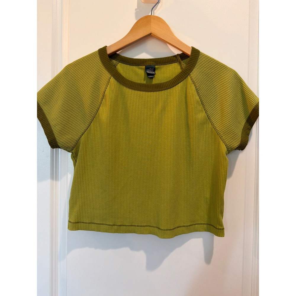 Wild Fable Green Ribbed Waffle Knit Raglan Crop Top Short Sleeve Large